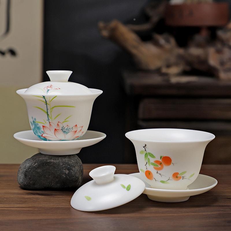 烧素羊脂玉白瓷绘功夫三才盖碗泡用茶单个家客厅办ss001公室大手
