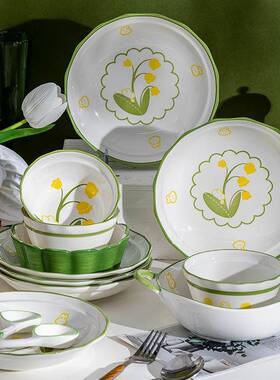 康彩陌（KANGMO）釉装下碗盘碗碟套铃兰兔—家用小清新碗碟盘勺餐