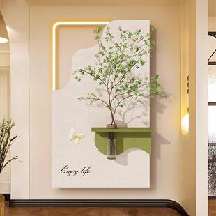 奶油风玄关装饰MSN画意LED灯发光壁创画体砂挂岩画水培绿植玄关立