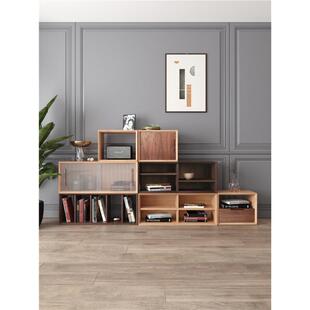 白蜡木格子柜落自由组JS202103简合实木书柜现代功约多能客厅收纳