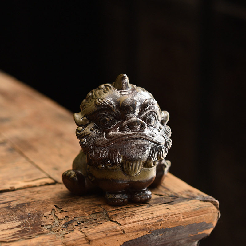 粗陶手工复古醒狮茶宠摆件