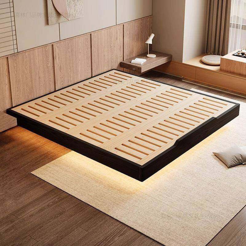 白03蜡木纯实木榉排骨架悬浮式极简无床头小床户木型主卧大意床