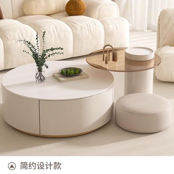 奶油风岩茶板几厅家用现组代简约小户型轻客奢感圆QTQ形茶几合