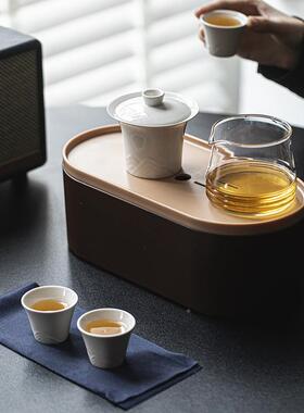己整59007墨套办公差功夫茶茶具便携装旅行具盖碗三杯套组收纳出