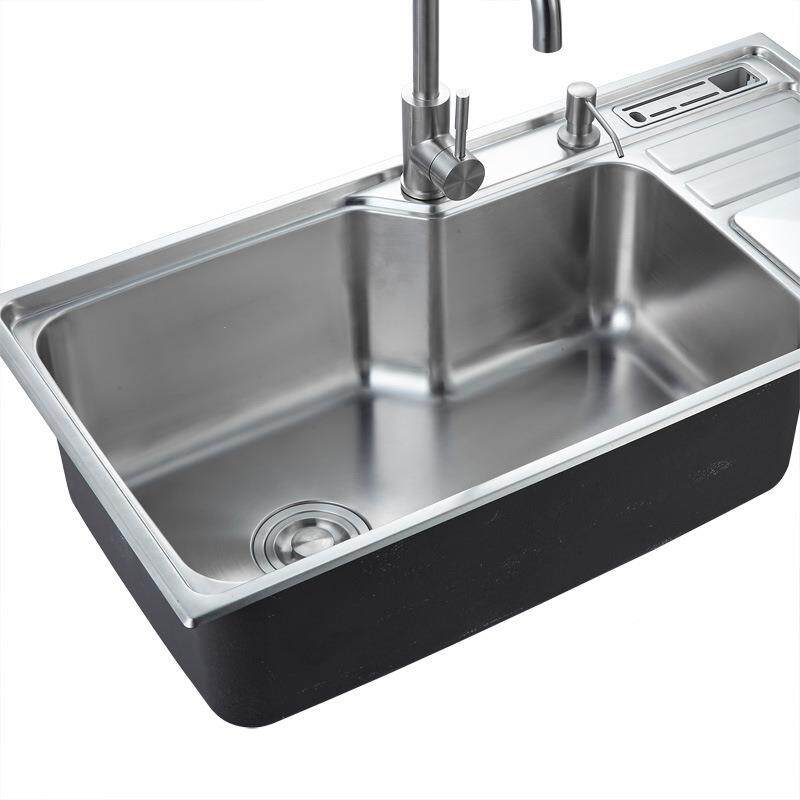 功能304不锈钢水槽一体成刀型厨房单槽带架直垃圾桶88845L84多5L