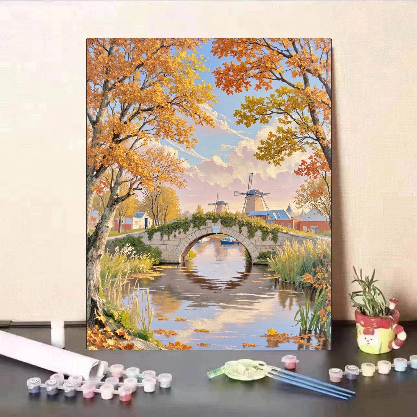 BLX简单又好看数字油画填色风天景秋画丙烯0基系础涂色画小屋
