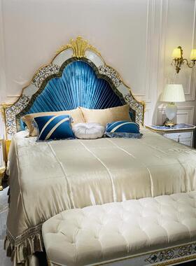 法式贝壳镶嵌花桃花芯木蓝色拼主卧床欧式1.8米WVE双床人家婚具