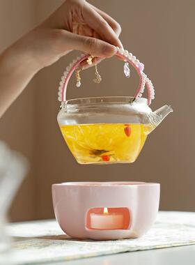 桃釉捏烛粉20099火温茶炉暖茶炉蜡烛火明加花热底座玻璃温茶器茶