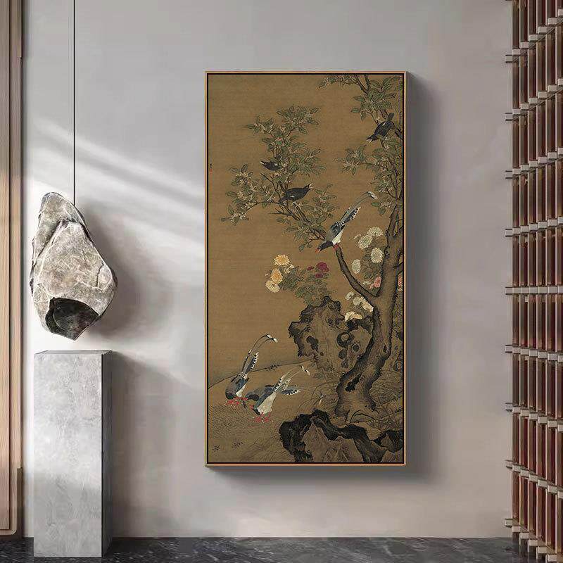明 吕纪 桂菊山禽图杏花孔雀图微喷新中式装饰画茶室酒店玄关挂画