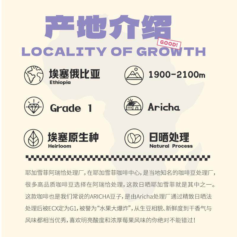 咖臣果香大爆炸 耶加雪菲阿瑞恰G1日晒浅中烘焙精品手冲咖啡豆150