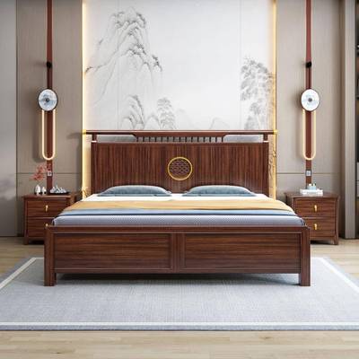 新中式乌木实YT8012#木主床1.5m1.8双米人金卧婚床现代轻奢气压储