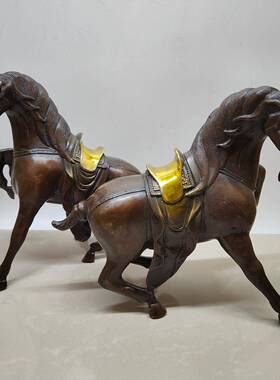 做旧铜生肖马站马一对摆设古玩收藏黄铜仿紫铜鎏金马摆件