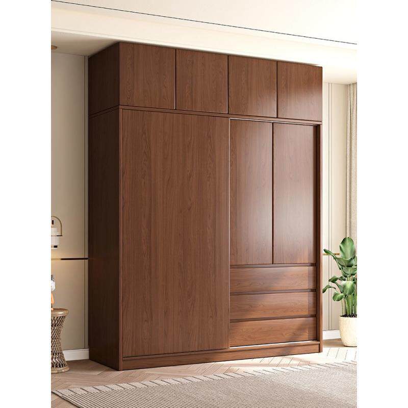 欧全橡木小户型实木拉87门衣柜桃胡木北色趟门大衣橱橡木推移门柜