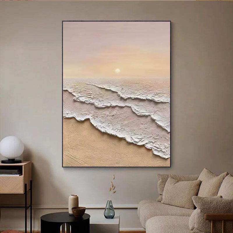 手绘油画奶油风海景客厅玄关墙面装饰画砂岩立体肌理现代自然风景