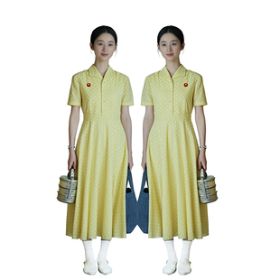 新款方穆静同款黄色波点纯棉连衣裙