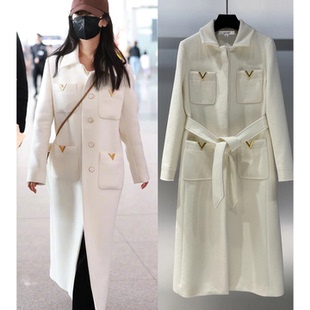 羊毛外套女厚款25新款口袋金属v装饰翻领长袖长款双排扣束带大衣