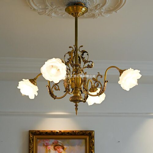 法式全铜吊灯洛可可中古风餐厅吊灯vintage古典客厅卧室浪漫吊灯
