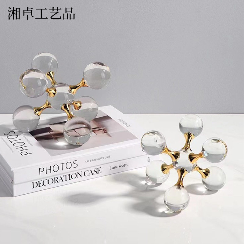 六角白水晶摆件现代简约创意金属样板间售楼处玄关桌面装饰品家居