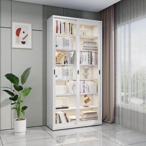 家用带锁推拉门书柜防尘玻璃展示柜多层落地书架落地收纳柜置物架