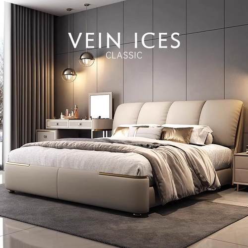 高端大气奶油意式现代简约轻奢大小象耳朵轻奢羽绒软包真皮床主卧