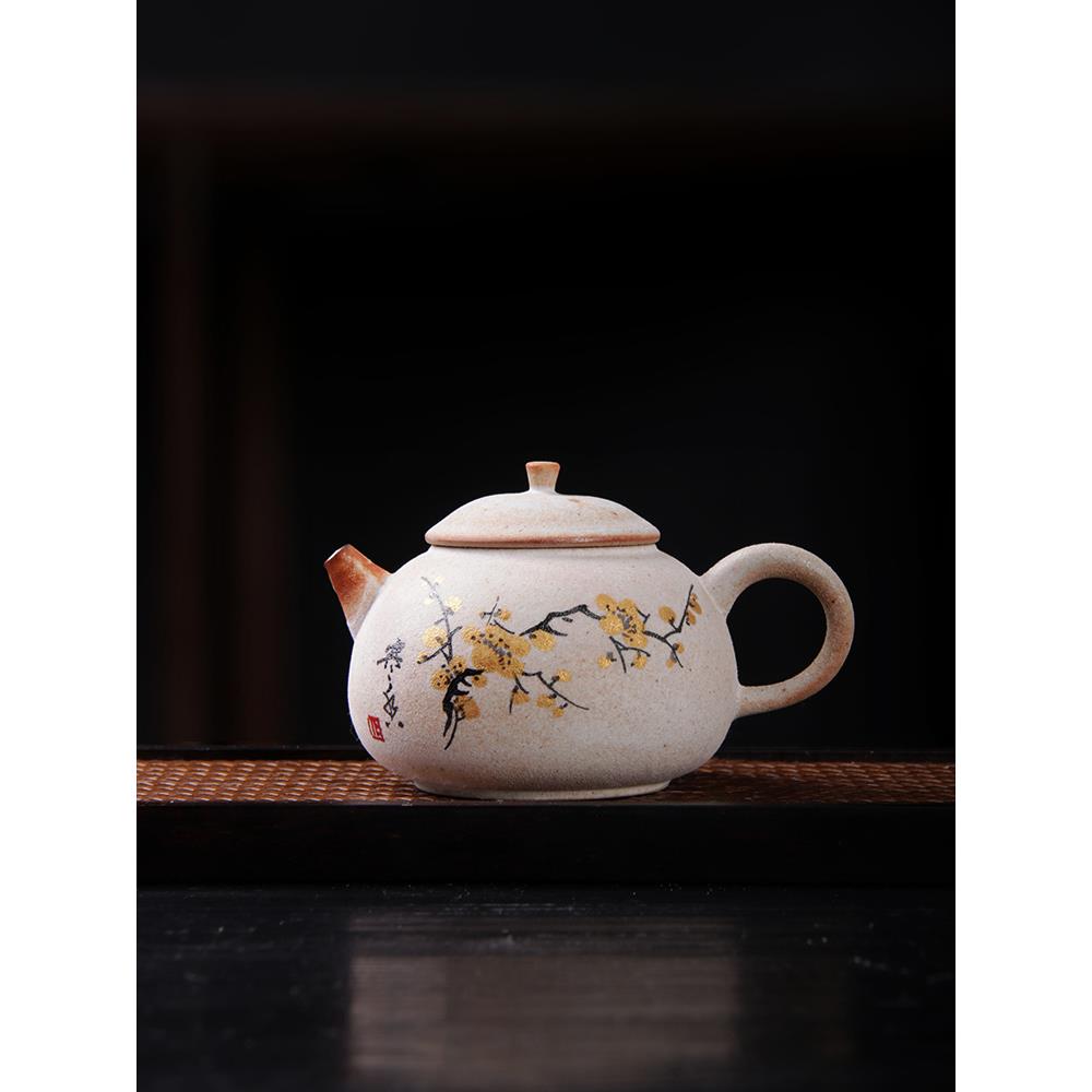 志野烧手绘梅花兰花玲珑壶粗陶绯红复古泡茶壶中式陶瓷李辉熠单壶