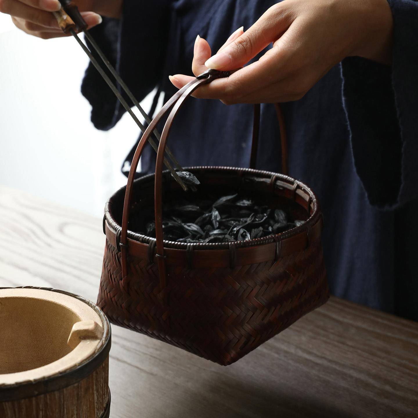 竹益堂煴梁竹编提箩碳筐做旧手工茶室木炭收纳篮炭篓配件装炭桶