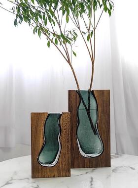 北欧原木实木透明绿色玻璃花瓶设计师款装饰家居酒店板房网红摆件