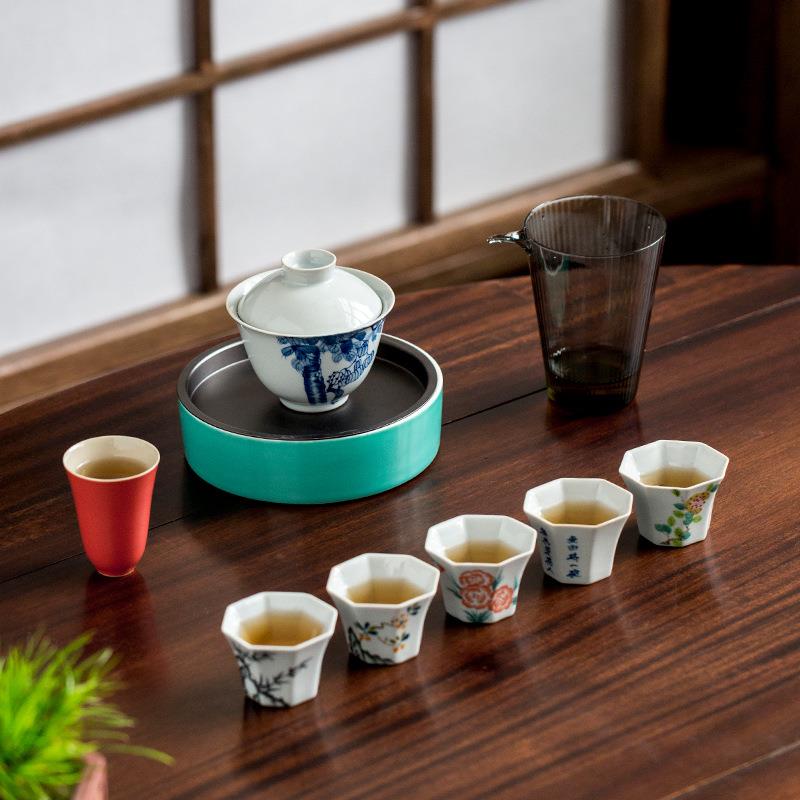 仿古泥手绘青花梧桐树三才盖碗泡茶碗柴窑花卉手工薄胎陶瓷茶具