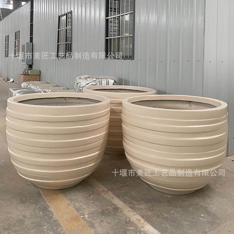 玻璃钢螺纹花盆商场条纹花钵波浪造型花器酒店美陈大花缸艺术花器