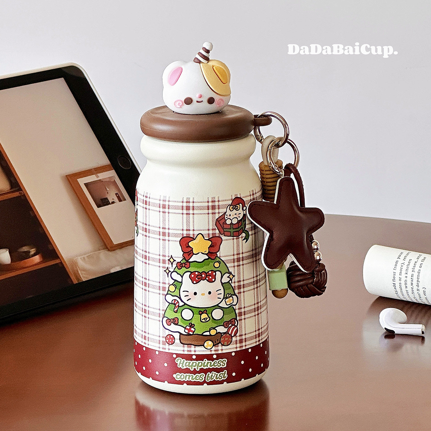 圣诞小猫吸管保温杯女士高颜值2025新款学生上学专用茶水分离水杯