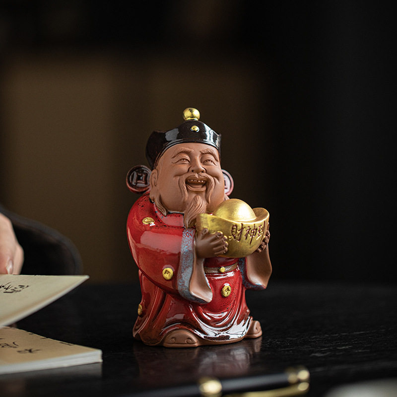 陶瓷小财神茶宠摆件招财聚宝盆文财神像茶室博古架装饰品开业送礼