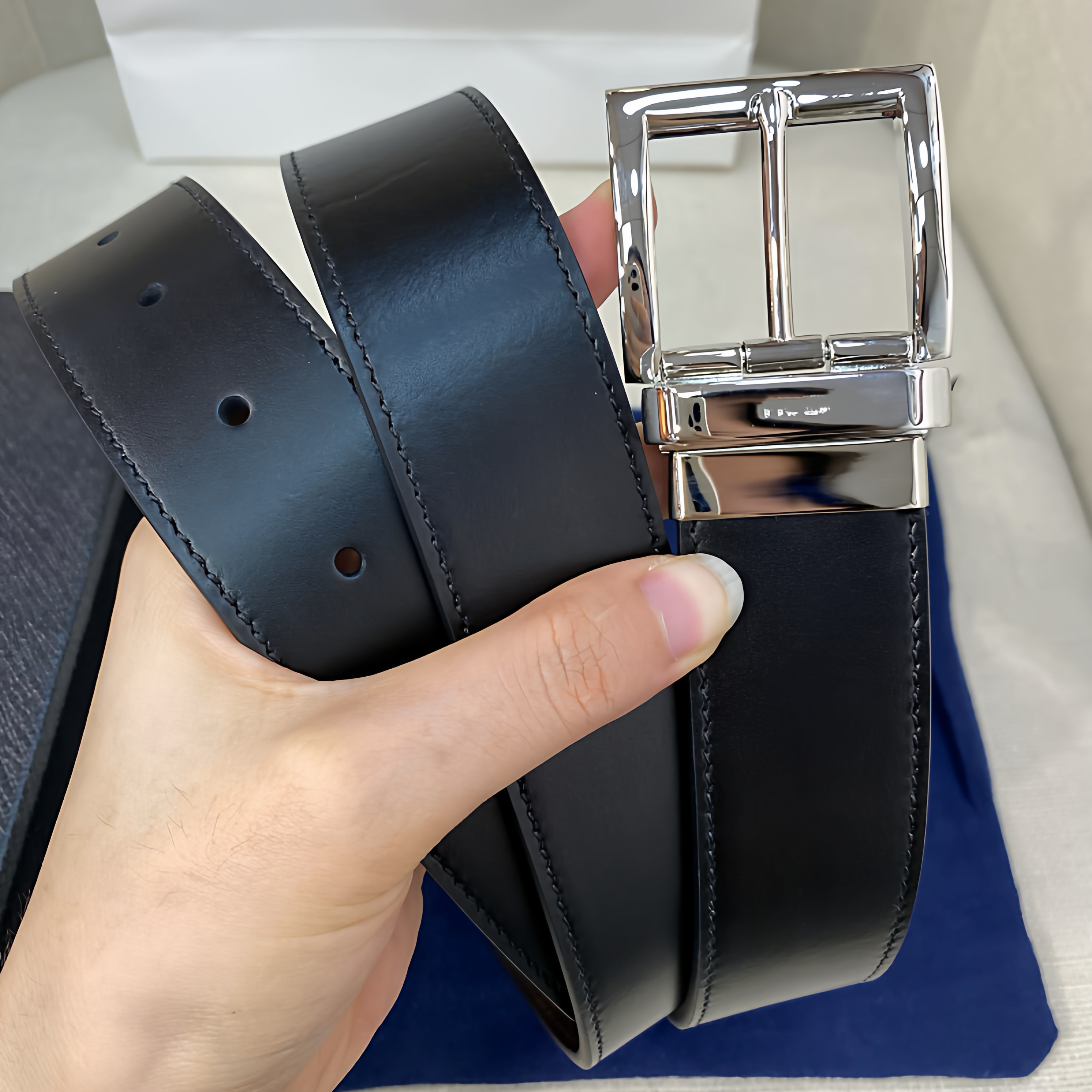 新款银扣男皮带商务休闲双面头层牛皮真皮腰带青年旋转针扣裤腰带