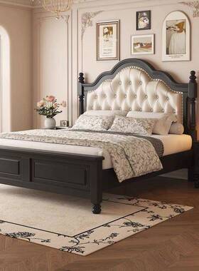 美式复古实木床床头包黑色奢法式床ACK1.8主轻双人床1.软5卧储物