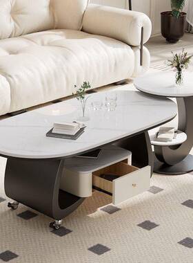 奢现代ETM椭圆形岩板轻客家用高级感小户厅型茶几简约高可移端动