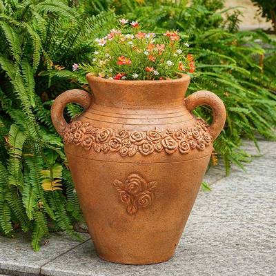 复古玫瑰花纹HSJ双耳瓷花陶橙盆手工容雕刻红色园艺盆栽器