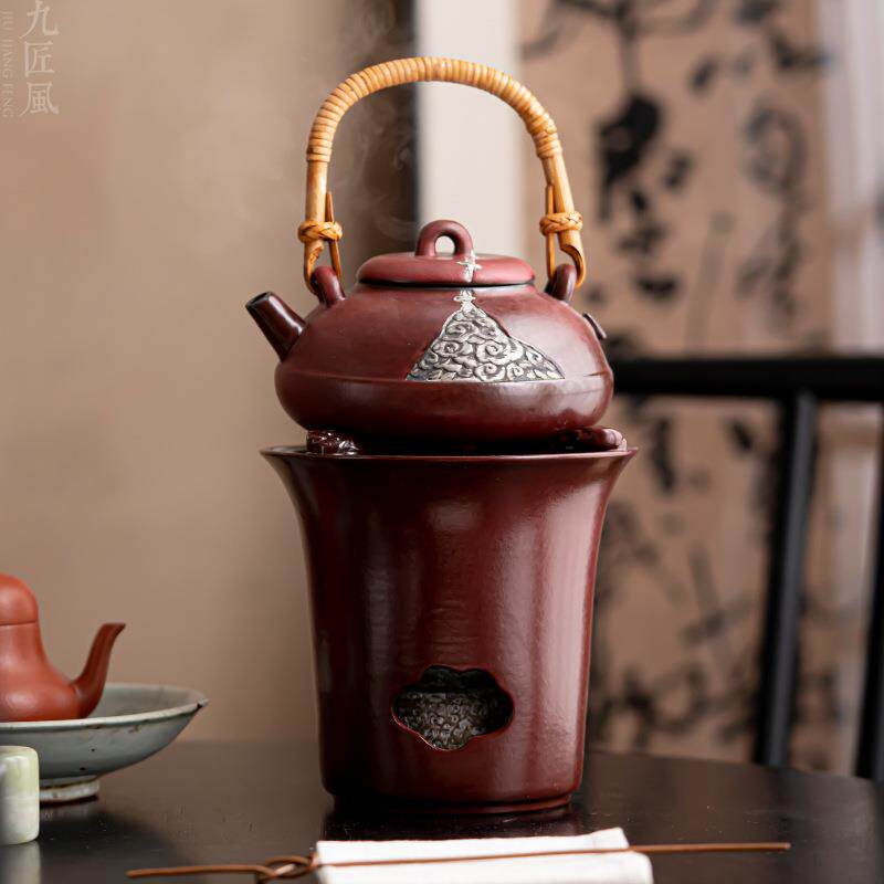 红釉祥云提梁壶鎏银泡茶壶单壶酒精温茶炉底座家用围炉煮茶小火炉