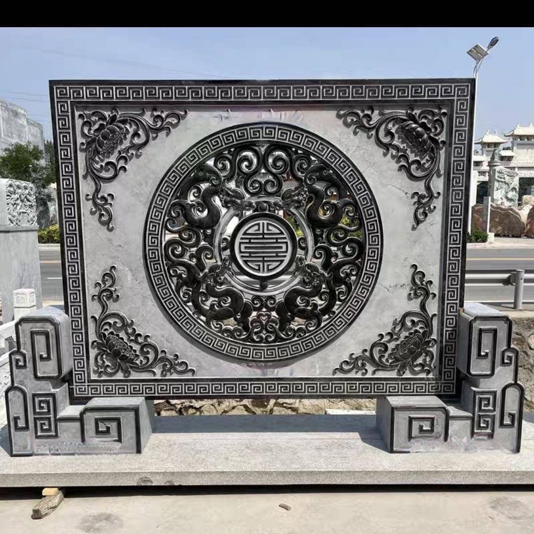 门口镂空屏风影背墙景观装饰大理石浮雕山水画新中式庭院石雕照壁