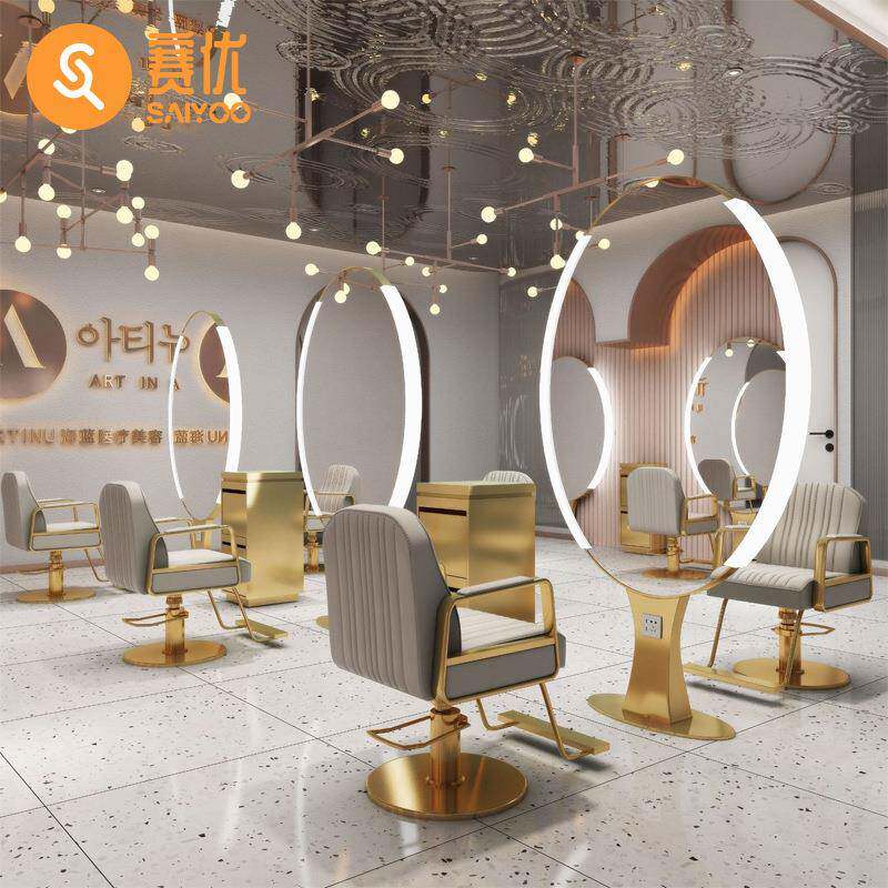 美发镜台发廊专用网红镜子带灯不锈钢理发镜理发店单双面落地镜