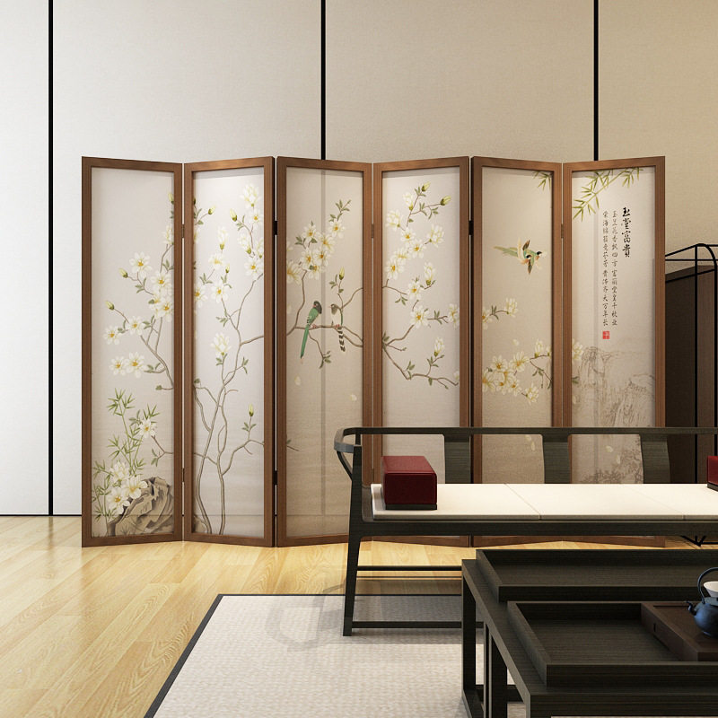 新中式屏风隔断古典简约客厅可移动入户折叠遮挡茶室装饰花鸟折屏