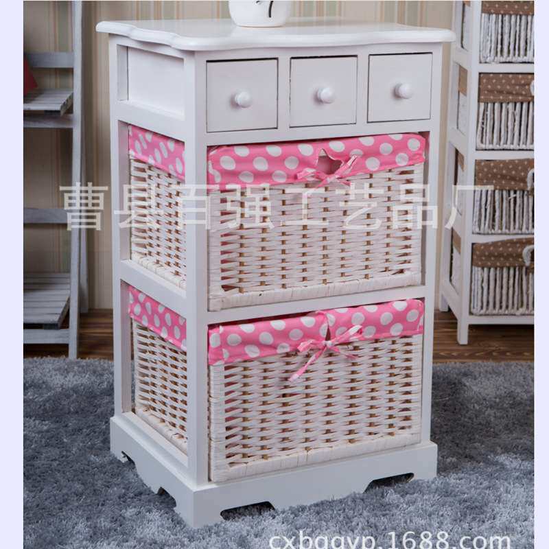 田园家居白色收纳柜床头柜 编织篮抽屉木厨储物柜多抽屉