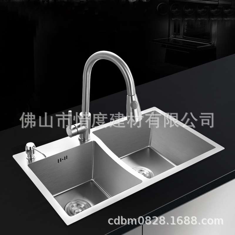厂家直销304不锈钢水槽手工水槽75*42反方向左小右大含抽拉龙头