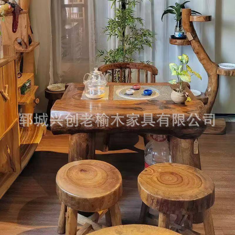 2025阳台榆木小茶桌潮流泡茶嵌入式茶台客厅民宿茶几树桩小型茶桌