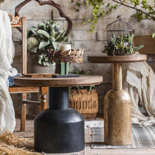 美式乡复茶几客厅A1567A1沙发边几角几铁艺工古村业风小圆桌木子