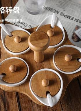 旋转瓷调味罐套装五套手提带勺带盖调陶五格料盒佐料调料1ZY61745