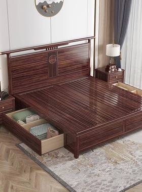 中式乌木实木木床家用全实床卧1.8金KXU米双人床高箱储物婚室床大