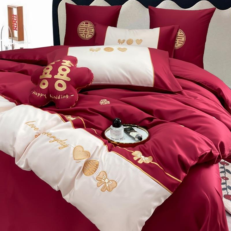 纯棉00s长绒DPI棉刺绣婚庆四件用套1酒红喜庆红结色婚被套床单床