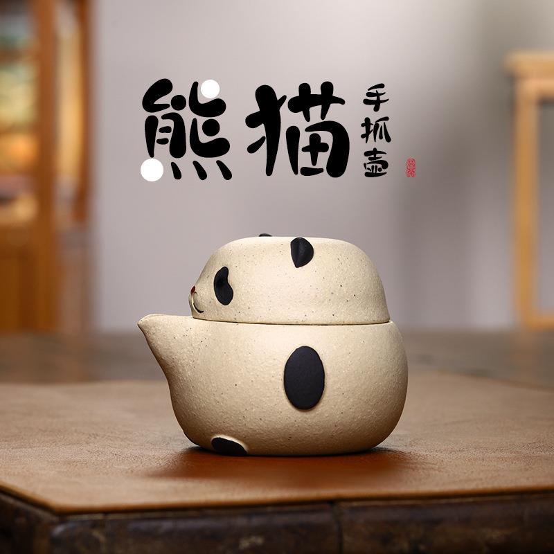 紫砂茶宠熊猫手抓壶桃子创意墩墩茶具手工茶玩