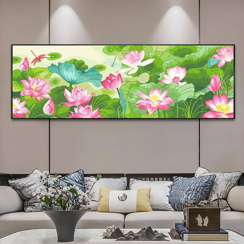 红荷印日十字绣2024新款线绣客厅新中式简约现代荷花自己手工刺绣