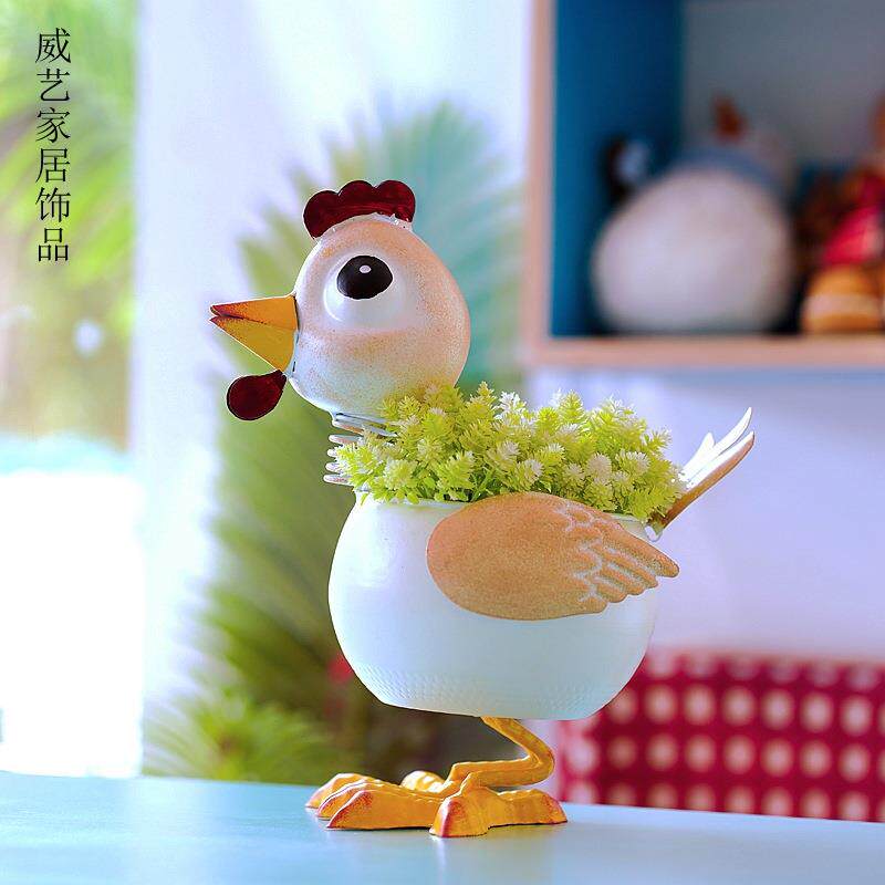 白色小鸡花盆五金工艺品花园摆饰金属装饰品阳台盆栽