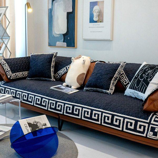 藏蓝色民族风现代几何沙发垫深色耐脏轻奢沙发坐垫防滑耐磨可水洗,居家布艺,沙发垫,淘宝优惠券,粉丝福利购,淘宝优惠卷